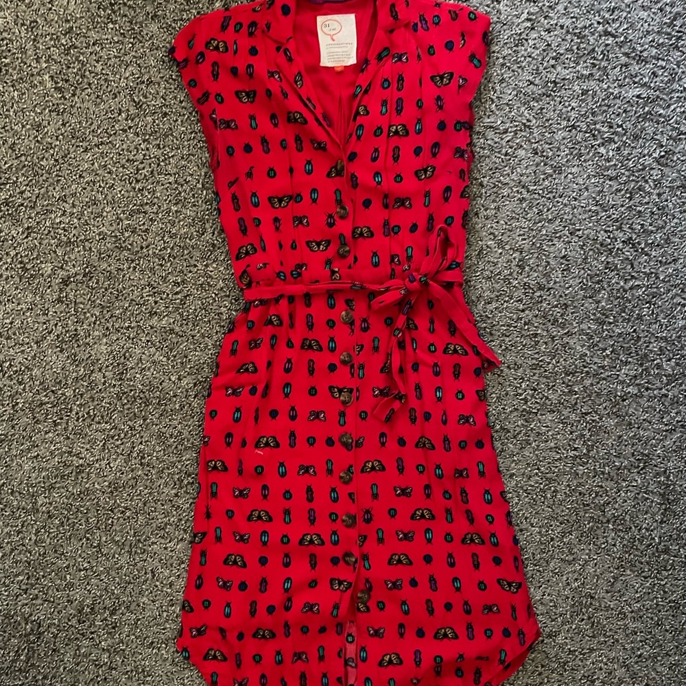 Red Button-Up Dress with Insects Pattern